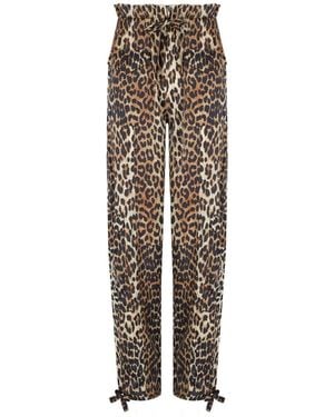 Ganni Satin Animal Print Trousers - Natural