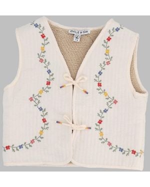 Emile Et Ida Girls Mini Pointelle Croce-Detail Short-Sleeve Jacket - Natural