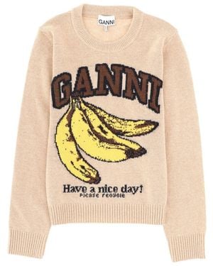 Ganni Wool Jersey Regular Fit Sweaters - Natural