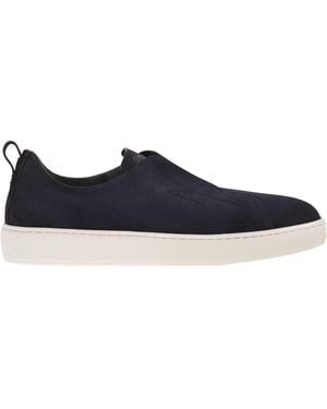 Santoni Suede Leather Slip-On Trainers With Rubber Sole - Blue
