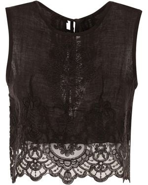 Maurizio Mykonos Linen Top With Tonal Embroidery And Lace Hem - Black