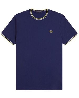 Fred Perry T Shirt Con Doppia Riga - Blue