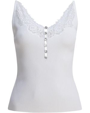 Self-Portrait Ribbed Tank Top With Lace Neckline - Blue