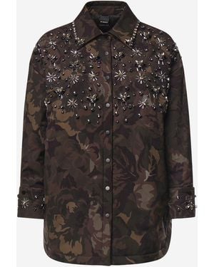 Pinko Nylon Jacket With Floral Camouflage And Embroidered Details - Black