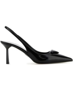 Prada Brand-plaque Slingback Heeled Brushed-leather Pumps - Black