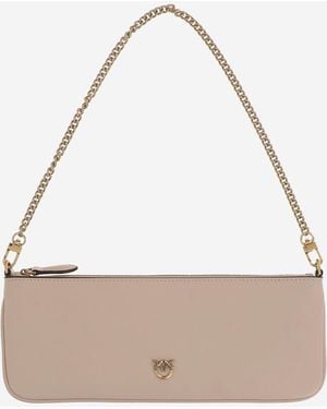 Pinko Leren Schoudertas Met Logo - Naturel