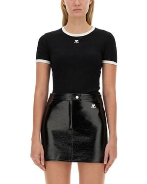 Courreges Logo T-Shirt, Cotton, Crew Neck, Short Sleeves - Black