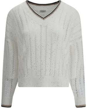 Brunello Cucinelli V Neck Sweater With Shiny Details - Gray