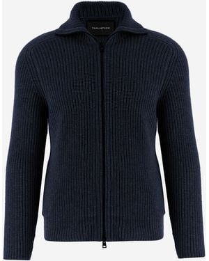 Tagliatore Ribbed Full-Zip Structured Collar Jumper - Blue