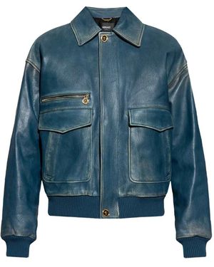 Versace Lederjacke Mit Reißverschluss - Blau