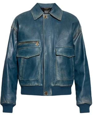 Versace Leather Zip-Up Jacket - Blue