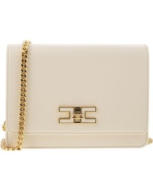 Elisabetta Franchi Small Shoulder Strap With Logo Plaque - Natural