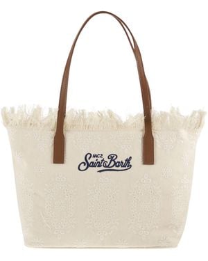 MC2 Saint Barth City Sangallo Shopper Bag With Embroidered Logo - Natural