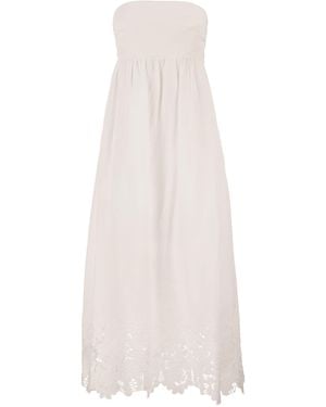 Max Mara Strapless Linnen Jurk Met Geborduurde Zoom - Wit