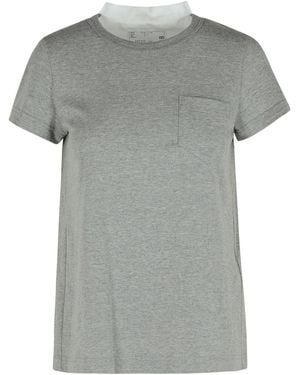 Sacai Ribbed Cotton T-Shirt With Pleated Back Insert - Grey