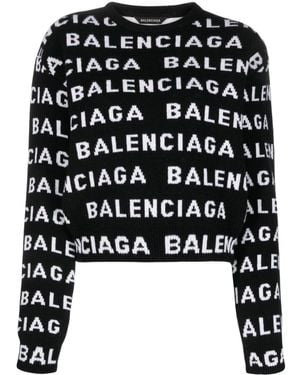 Balenciaga Allover Logo Wool Cropped Sweater - Black