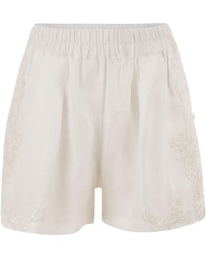 Maurizio Mykonos Linen Shorts With Embroidery And Elasticated Waistband - White