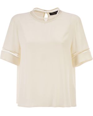 Fabiana Filippi Short-Sleeved Silk Satin Blouse With Transparent Inserts - White