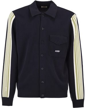 Autry Knitted Jacket With Buttons And Side Stripes - Blue