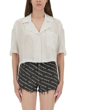 T By Alexander Wang Cropped Striped Shirt With Embroidered Logo - White