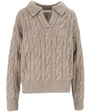 ELEH Mud Cable-Knit V-Neck Wool Jumper - White