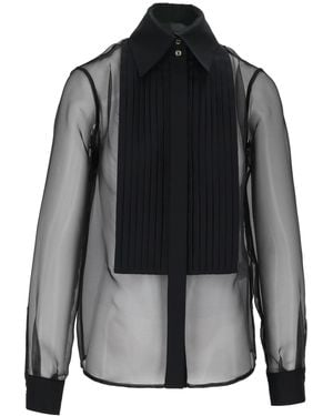 Elisabetta Franchi Translucent Pleated Bib Classic Collar Blouse - Black
