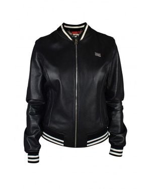 Philipp Plein Leather Bomber Jacket With Heart - Black