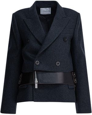Sacai Wool And Leather Coat Jackets And Coats Grey - Blue