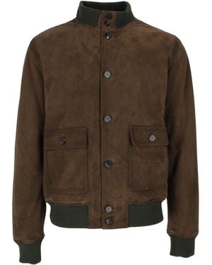 Stewart Suede Bomber Jacket With Knit Collar And Button Closure - Brown