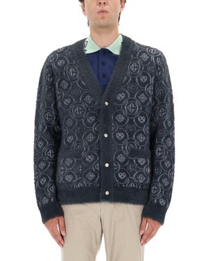 CASABLANCA Textured Knit Cardigan With Subtle Logo Motifs - Blue