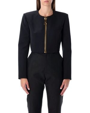 Balmain Cropped Wool Jacket With Zip - Blue