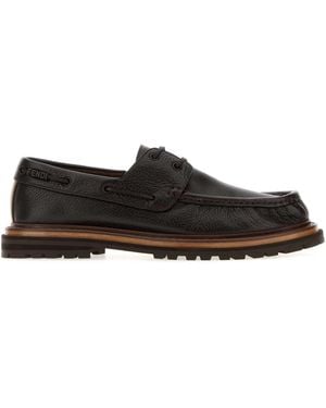 Fendi Dark Leather Pequin Loafers - Black