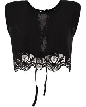 Maurizio Mykonos Lightweight Linen Top With Broderie Anglaise Hem And Lace-Up Back - Black