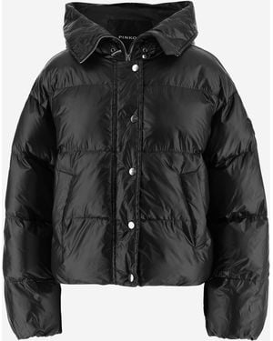 Pinko Cropped Puffer Jacket With High Collar And Hood - Black