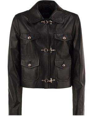 Fay Cropped Genuine Leather Jacket With Hooks - Black