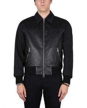 McQueen Premium Leather Bomber Jacket With Zipper Closure - Black