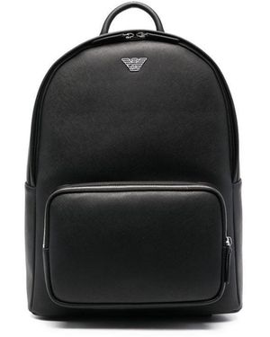 Emporio Armani Rucksack Aus Neu Aufbereitetem Leder Mit Adler-plakette - Schwarz