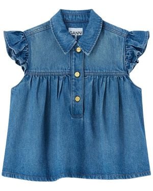 Ganni Denim Ruffle Top - Blue