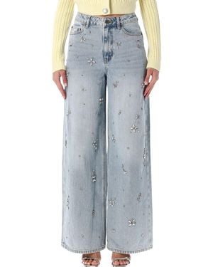 Self-Portrait Embellished Wide-Leg Jeans With Crystal Embellishm - Blau