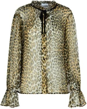 Ganni Leopard Print Viscose Shirt - Green