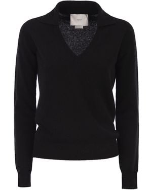 Vanisé Patty V-Ausschnitt-Pullover mit Polokragen - Schwarz
