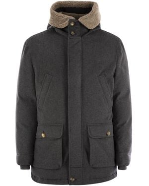 Brunello Cucinelli Membranated Wool Flannel Parka Down Jacket With Hood And Shearling Insert - Grey