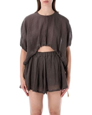 120% Lino Cropped Linen Blouse - Grey