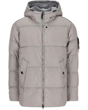 Stone Island Hooded Puffer Jacket With Double-Adjustable Drawstring, Slanted Snap Pockets & Two-Way Zip - Grey