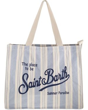 MC2 Saint Barth Striped Canvas Tote Bag With Embroidered Logo - White
