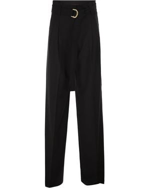 Max Mara Mstserio – Wide Leg Pure Wool Trousers With Belt - Black