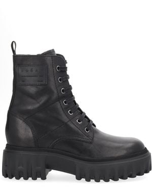 Hogan Leather Platform Combat Boots - Black