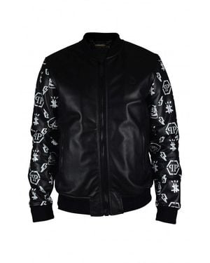 Philipp Plein Leather Bomber Jacket With Graphic Sleeves - Black