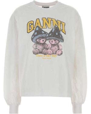 Ganni Basic Cotton Long-Sleeve T-Shirt With Teddy Mushroom Print - White