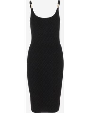 Versace Stretch V-Textured Knit Dress With Medusa Brooch Detail - Black